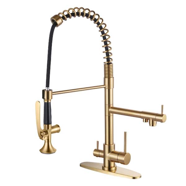 ARCORA Double Handle Pull-Down Sprayer Kitchen Faucet High Arc with Drinking Water and Deck Plate in Brushed Gold