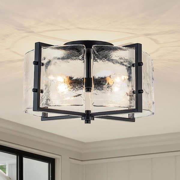 16.73 In. 4-Light Matte Black Modern Ceiling Light Semi-Flush Mount Fixture With Curved Textured Glass Shade