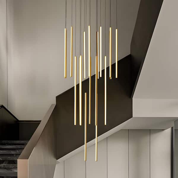 Modern 18-Light Minimalistic Gold Chandelier with Integrated Dimmable LED for Foyer and Entryway Adjustable Lighting