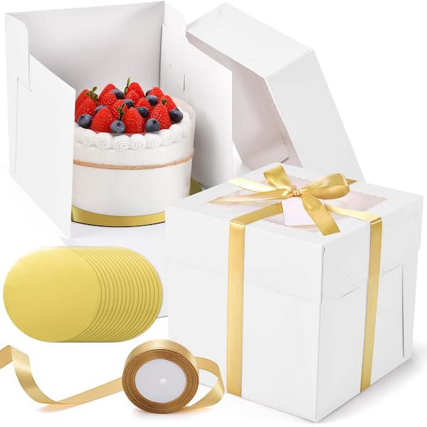 24 Piece White Bakery Cake Carrier Set Disposable Square Cake Box Set with Window and Boards for Bake Supplies