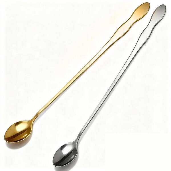 2-Piece Set of 10 in. Stainless Steel Long Coffee and Iced Tea Spoons in Gold and Silver Finish Tone