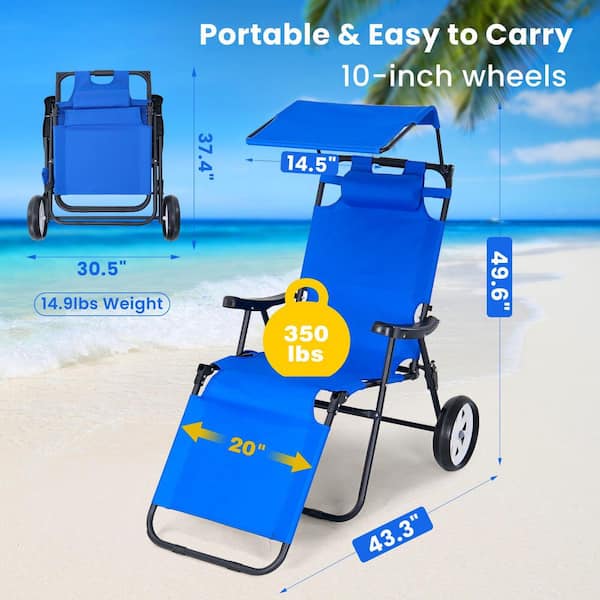 Beach Chair with Canopy Shade Beach Cart Chairs w/ Wheel 2 in 1 Folding Lounge Chair Outdoor Recliner Patio Lounge Chair