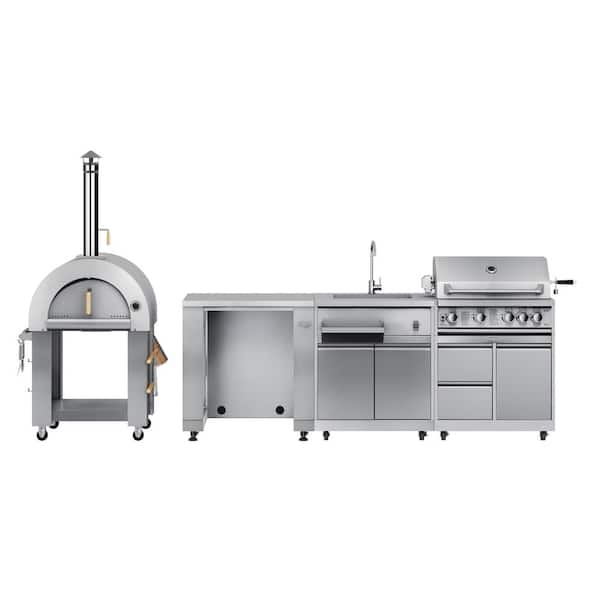 Wood Fired Outdoor Pizza Oven, Refrigerator Cabinet, Sink, 30 in. BBQ Grill and Grill Cabinet Combo