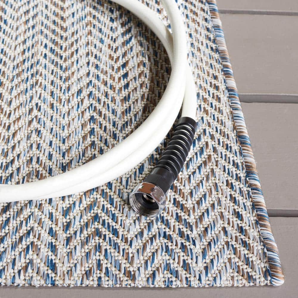 Ivory Blue and Beige Chevron Indoor Outdoor Area Rug