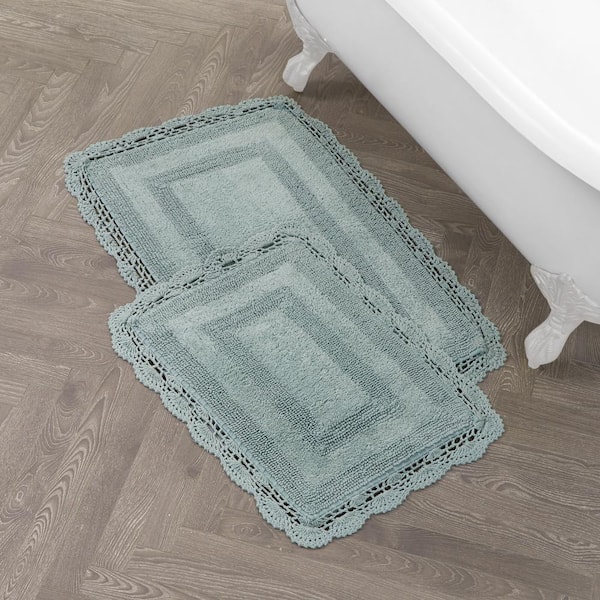 Laura Ashley Crochet 100% Cotton 17 in. x 24 in./21 in. x 34 in. 2-Piece Bath Rug Set in Aqua