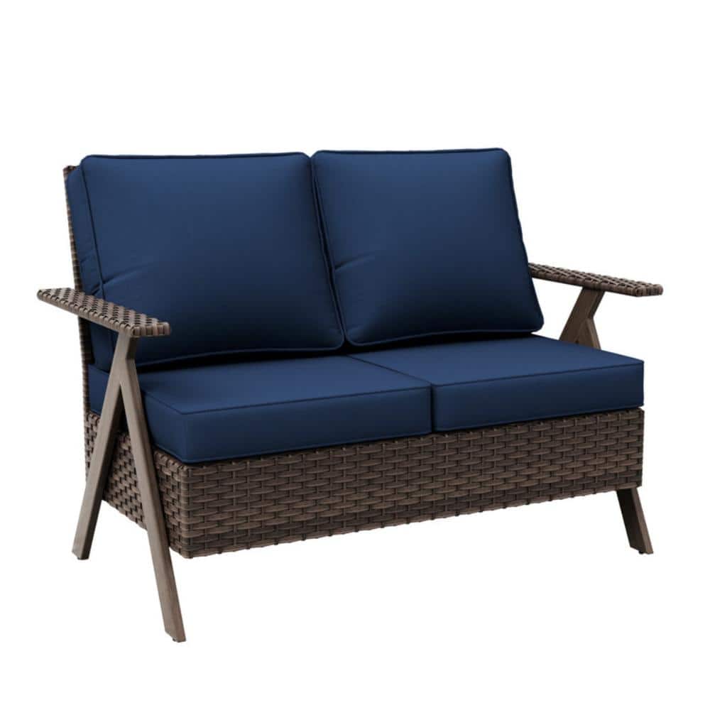 All-Weather Brown Wicker Patio Loveseat with Blue Cushions, Outdoor 2-Seat Sofa Couch price history on PriceWatchPro