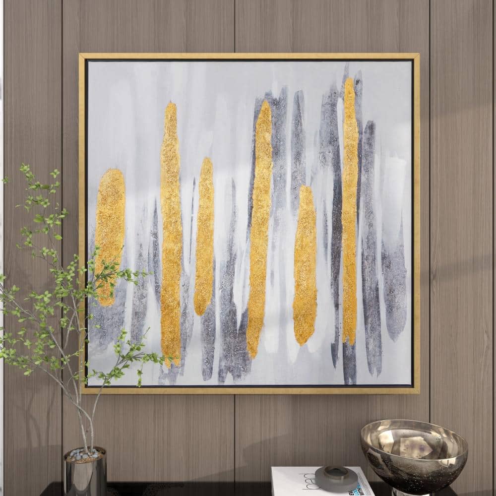 XL Gray and Gold Abstract Canvas Wall Art with Metal Frame