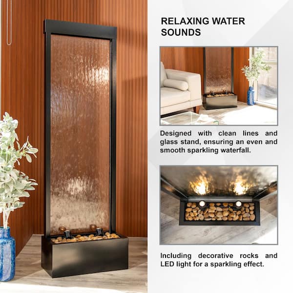 68 in. H Black Freestanding Waterfall Fountain w/ Decorative Rocks, LED Aluminum Black Frame/Clear Glass