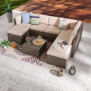 8-Piece Wicker Patio Sectional Seating Set with Beige Cushions