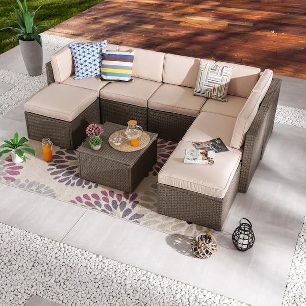 Patio Festival 8-Piece Wicker Patio Sectional Seating Set with Beige Cushions