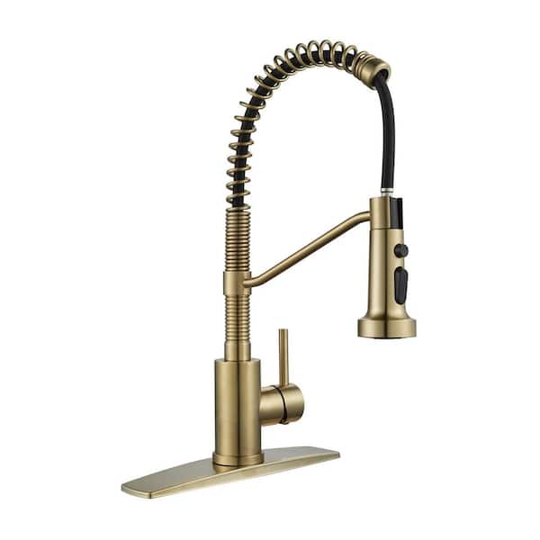 Single Handle Pull Down Sprayer Kitchen Faucet with High Arc Spring Neck in Gold