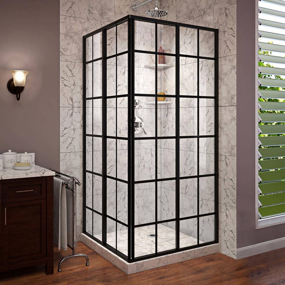 French Corner 34.5" Black Framed Sliding Shower Enclosure