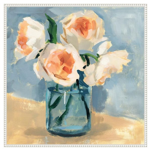 Amanti Art Peonies in Mason Jar II by Victoria Barnes 30 in. W x 30 in. H. Canvas Wall Art Print Framed in White