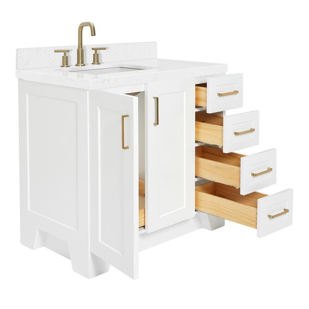White Quartz Single Basin Freestanding Vanity with Gold Hardware