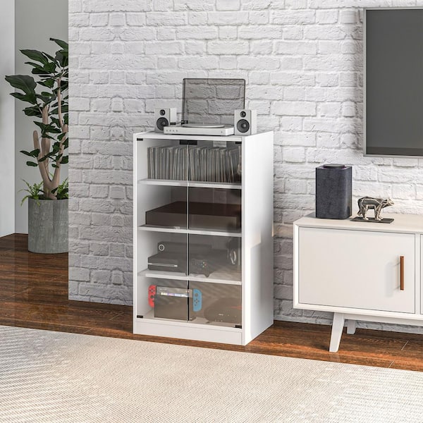 Tileon 4 Tier Kitchen Pantry with Adjustable Shelves Media Cabinet Modern Audio Video Stand with Tempered Glass in White YQHDRA244 The Home Depot