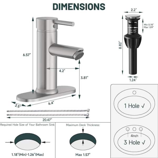 Simple Single-Handle Single-Hole Bathroom Brass Sink Faucet with Pop-Up Drain Assembly Kit Included in Brushed Nickel
