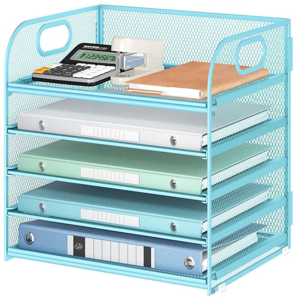 12.6 in x 13.4 in Blue Metal Desk Letter Tray Paper Organizer for Desk 5-Tier with Handle Mesh Desktop File Organizer