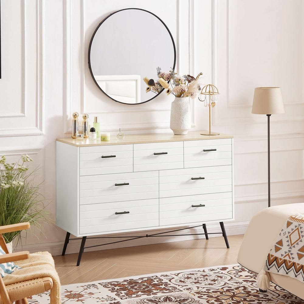 Modern Wood Dresser with 7 Drawers, Chest of Drawers, White/Oak -  Polibi, RS-S94RD-S-PJ