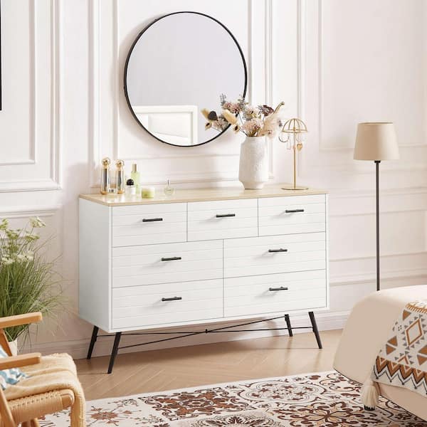Polibi Modern Wood Dresser with 7 Drawers, Chest of Drawers, White/Oak