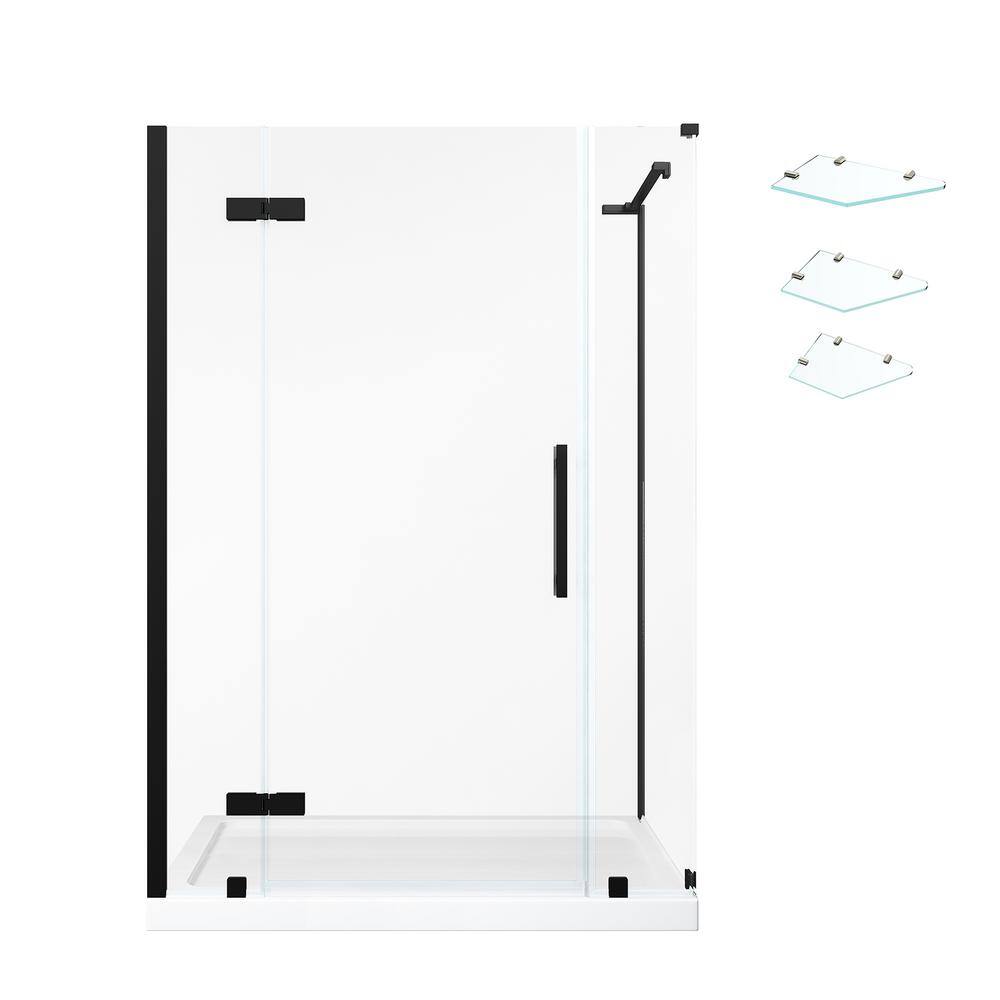 Tampa Black Frameless Corner Shower Kit with Shelves and Base
