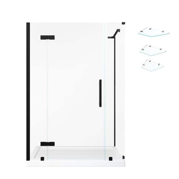 Tampa 48 in. L x 34 in. W x 75 in. H Corner Shower Kit w/ Pivot Frameless Shower Door in Black w/Shelves and Shower Pan