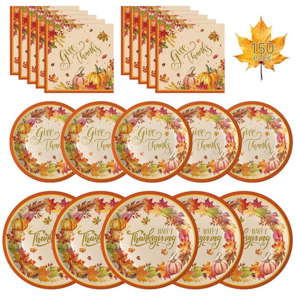 150-Pack Thanksgiving Plates and Napkins Sets Disposable Paper Plates Napkins Dinnerware for Thanksgiving Party Supplies