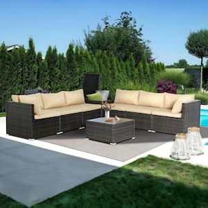 Brown 8-Piece Wicker Patio Outdoor Sectional Furniture Set with Brown Cushions