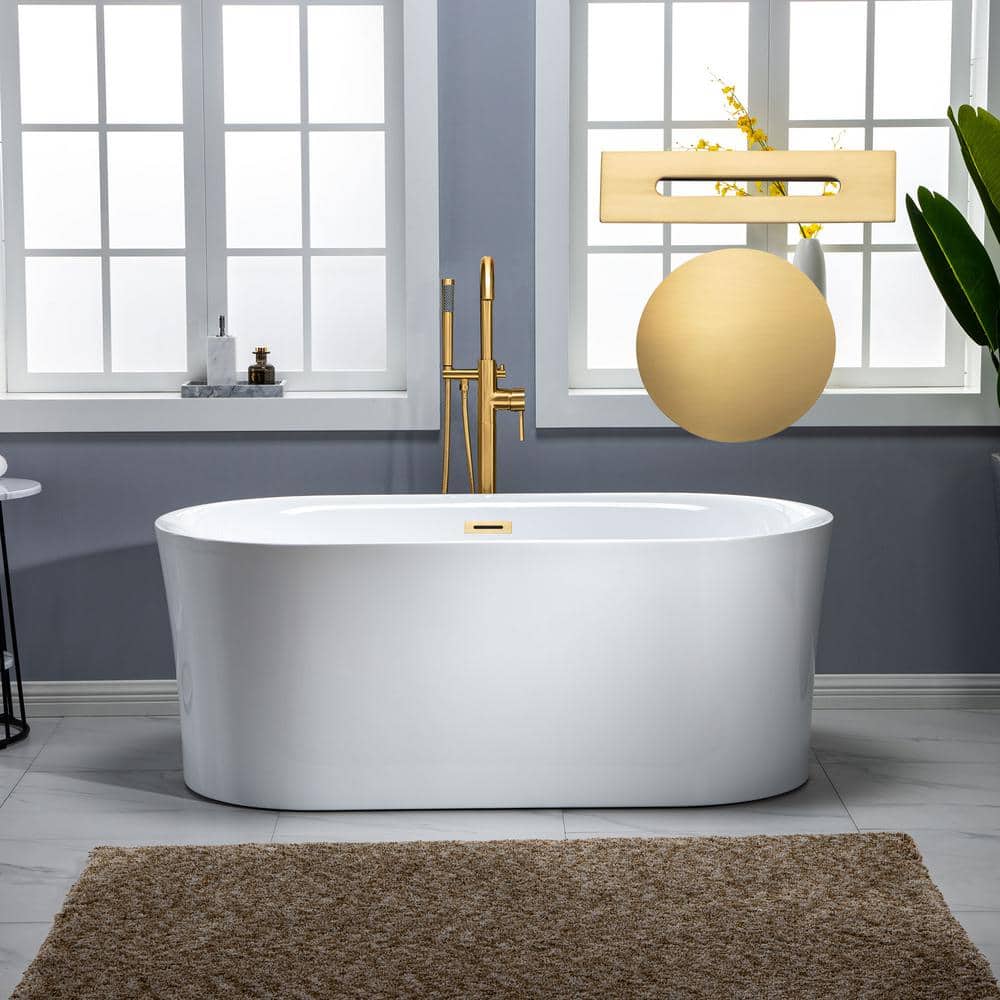 67'' White Acrylic Freestanding Air Soaking Bathtub with Brushed Gold Trim