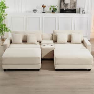 Laibai 111.81 in. Square Arm 4-Piece Velvet Modular Sectional Sofa in Beige with Cup Holder and Ottoman