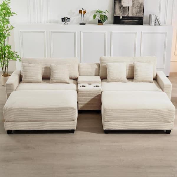 JEAREY Laibai 111.81 in. Square Arm 4-Piece Velvet Modular Sectional Sofa in Beige with Cup Holder and Ottoman
