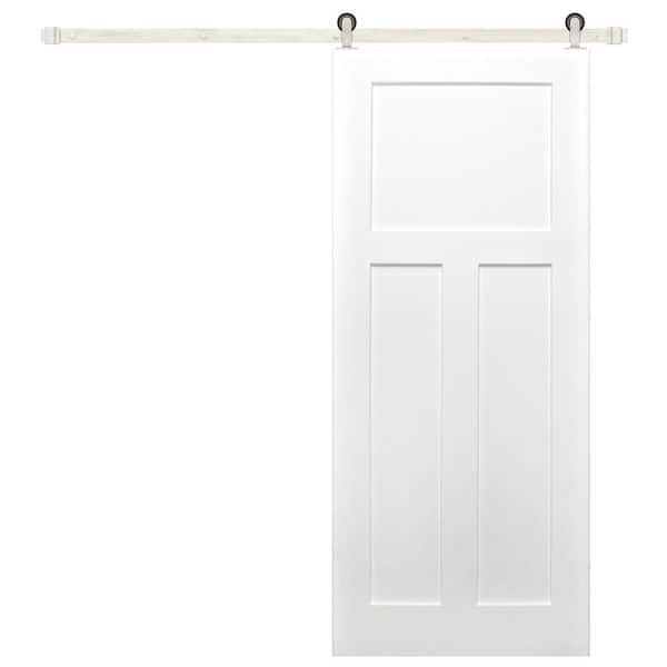 Pacific Entries 36 in. x 80 in. Shaker 3-Panel Primed Pine Interior Sliding Barn Door with Satin Nickel Hardware Kit