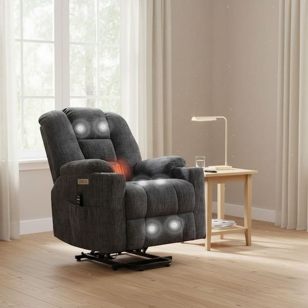Grey Power Lift Recliner Chair with Remote Control Dual USB Ports Cup Holders Chenille Upholstery 350 lbs. Capacity