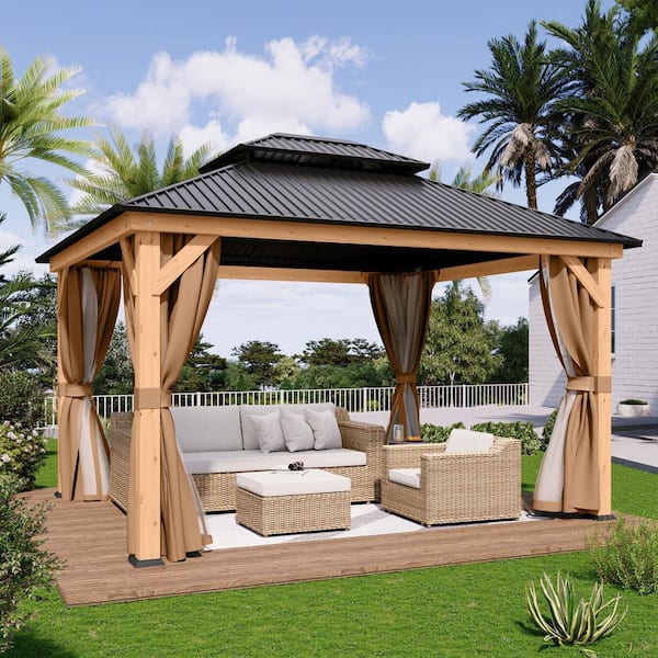 EGEIROSLIFE 11 ft. x 13 ft. Double Roof Hardtop Wooden Patio