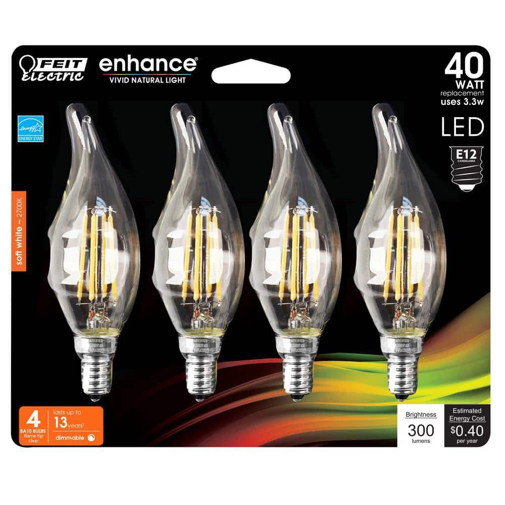 Feit Electric Clear Dimmable LED Candelabra Bulbs, 4 Pack