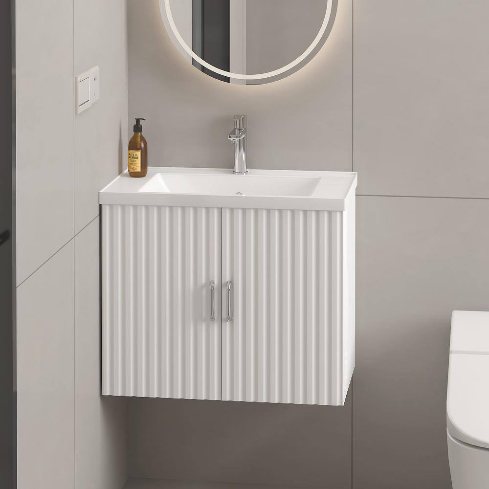 24" White Floating Bathroom Vanity with Ceramic Sink and Soft-Close Doors