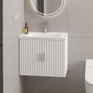 24 in. W Floating Wall Mounted Bath Vanity in White with White Ceramic Top