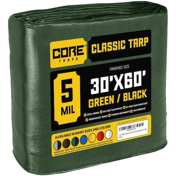 CORE TARPS 30 ft. x 60 ft. Green/Black 5 Mil Heavy Duty Polyethylene Tarp, Waterproof, UV Resistant, Rip and Tear Proof