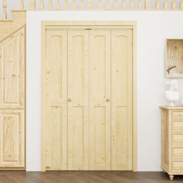 48 in. x 80 in. Arch Panel 2-Lite Solid Core Unfinished Pine Wood Interior Closet Bi-Fold Door with Hardware