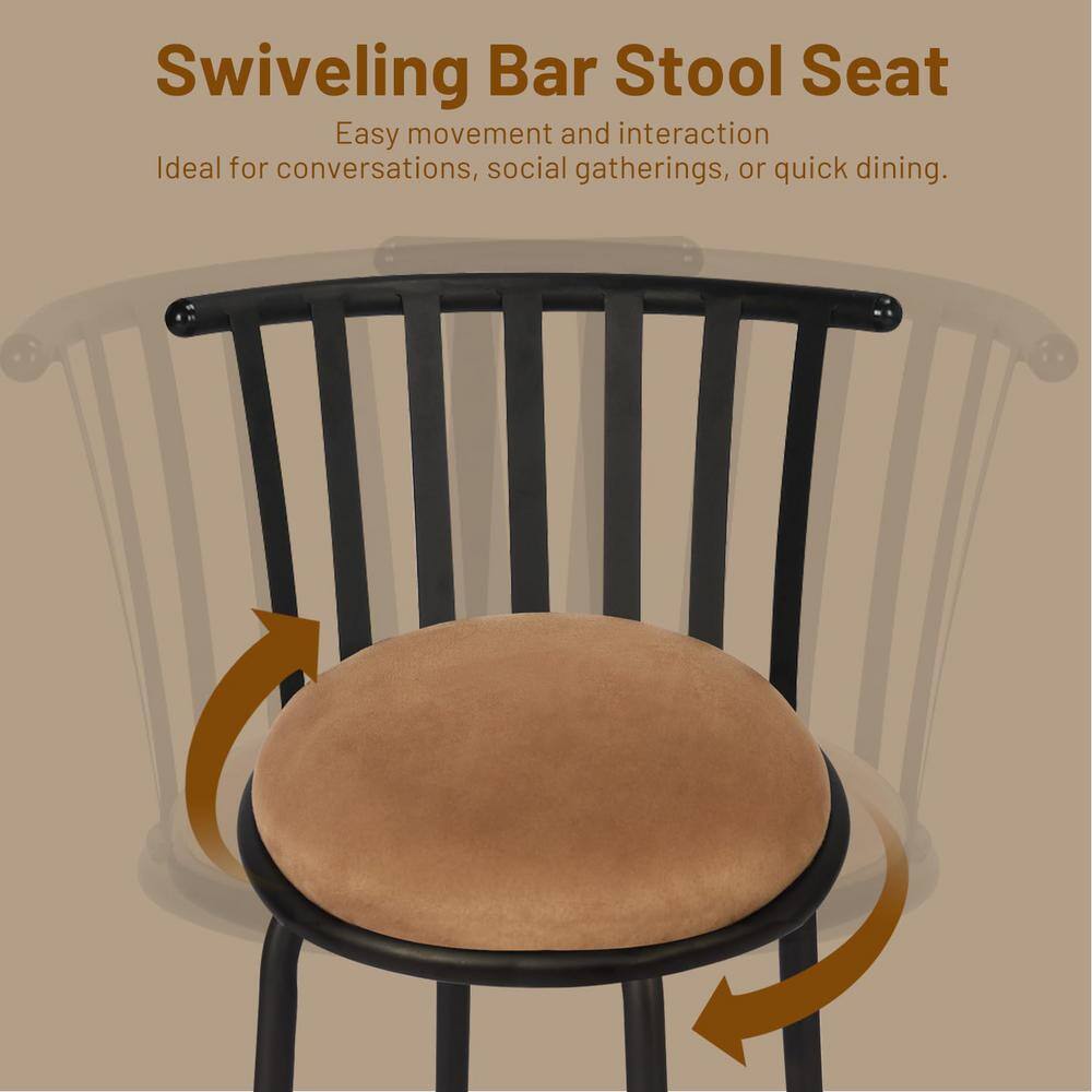 Adjustable Black Metal Swivel Barstools with Beige Suede Seats, Set of 2