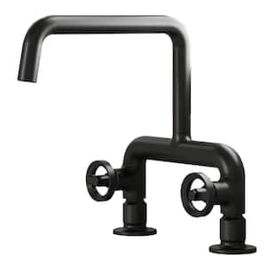 Double Handle 2-Holes Deck Mount Modern Standard Kitchen Faucet With 360 ° Swivel Spout in Matte Black