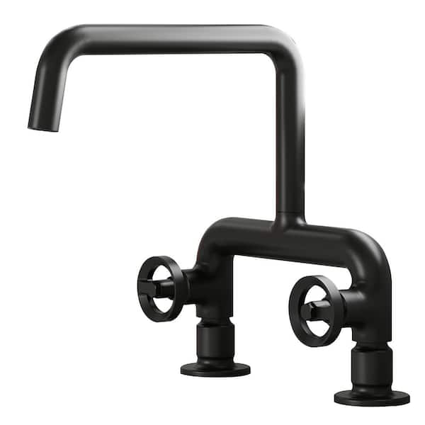 HOMEMYSTIQUE Double Handle Deck Mount 8 in. Center Gooseneck Standard Kitchen Faucet in Matte Black