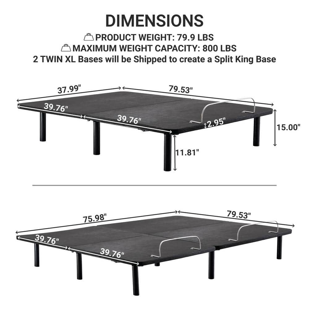 Black King Split Adjustable Metal Bed Frame with Wireless Remote