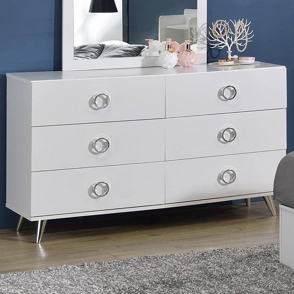 Perse White 6-Drawer Modern Dresser with Chrome Accents