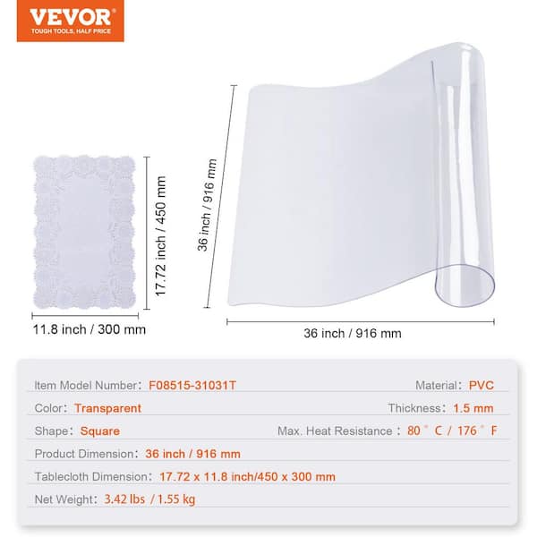 VEVOR Clear Table Cover Protector 18 in. x 36 in. Nature Table Cover 1.5 mm Thick PVC Plastic Tablecloth
