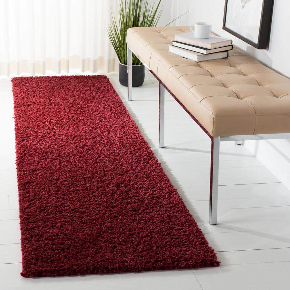Burgundy Hand-Knotted Shag Runner Rug, 2'3" x 6'