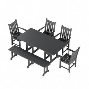 Hayes 6-Piece HDPE Plastic Outdoor Patio Rectangle Table Dining Set with Bench and Armchairs in Gray