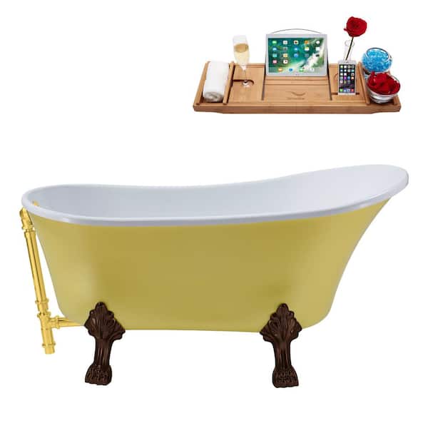 Streamline 63 in. Acrylic Clawfoot Non-Whirlpool Bathtub in Matte Yellow With Matte Oil Rubbed Bronze Clawfeet,Polished Gold Drain