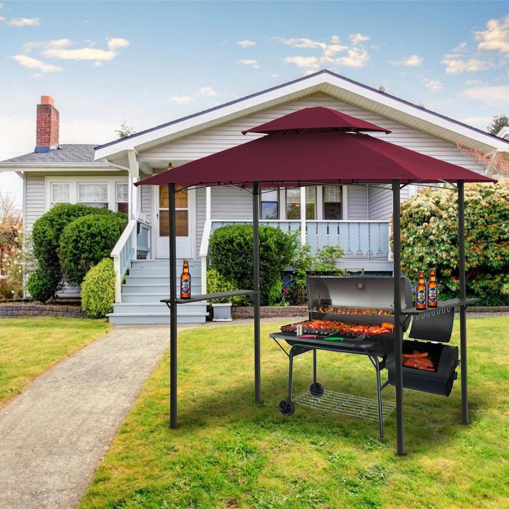 5 ft. x 8 ft. Burgundy Outdoor Grill Gazebo with Light, Double Tier Soft To