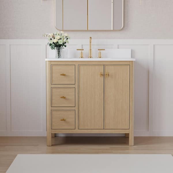 36 in. Solid Wood Freestanding Oak Bath Vanity with White Quartz Top Assembled