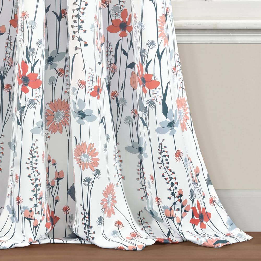 Clarissa Floral Blue Coral Polyester Light Filtering Window Curtain Panels